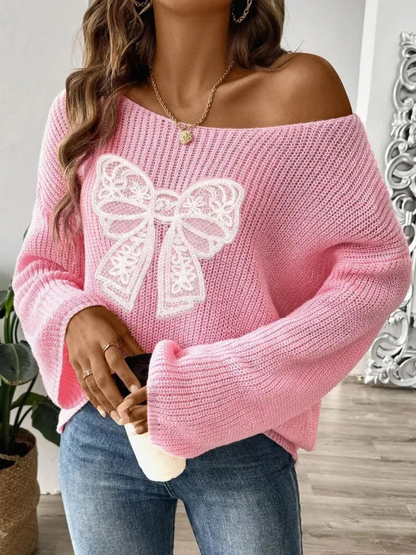 Bow Boat Neck Long Sleeve Sweater sold by Unique Kulture