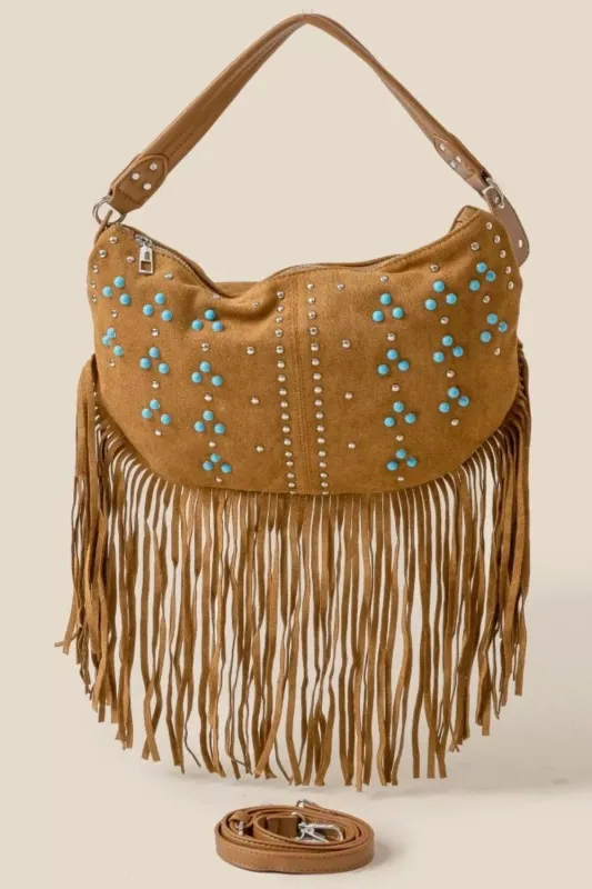 Fame Studded Pattern Multi Fringe Hobo Shoulder Bag made by Trendsi
