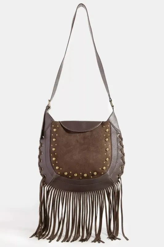 Fame Rivet Trim Suede Fringe Shoulder Bag sold by Unique Kulture