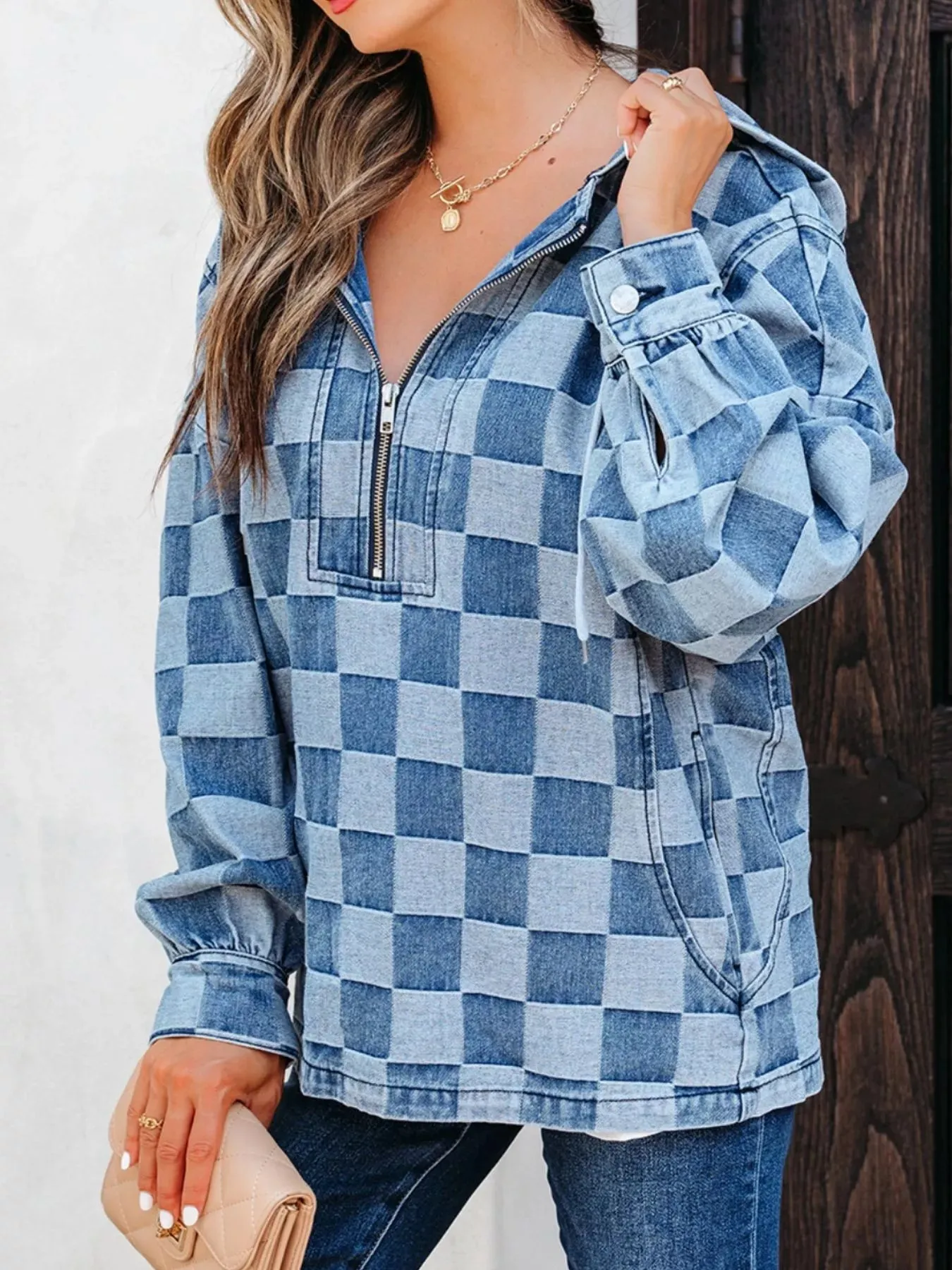 Checkered Half Zip Denim Hoodie Top sold by Unique Kulture product image thumbnail 3
