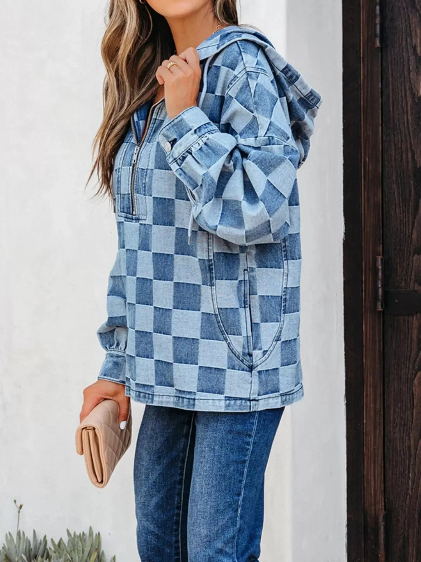 Checkered Half Zip Denim Hoodie Top sold by Unique Kulture product image thumbnail 4