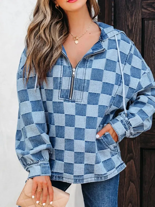 Checkered Half Zip Denim Hoodie Top sold by Unique Kulture
