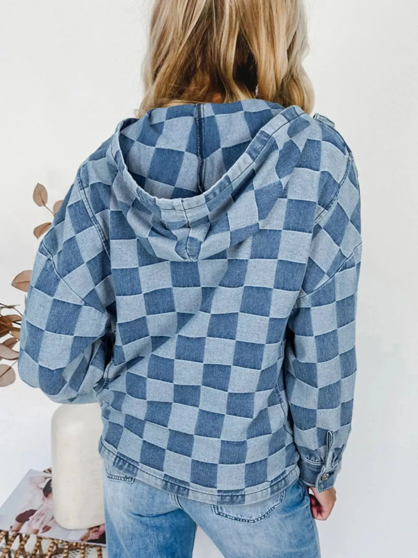 Checkered Half Zip Denim Hoodie Top sold by Unique Kulture product image thumbnail 5