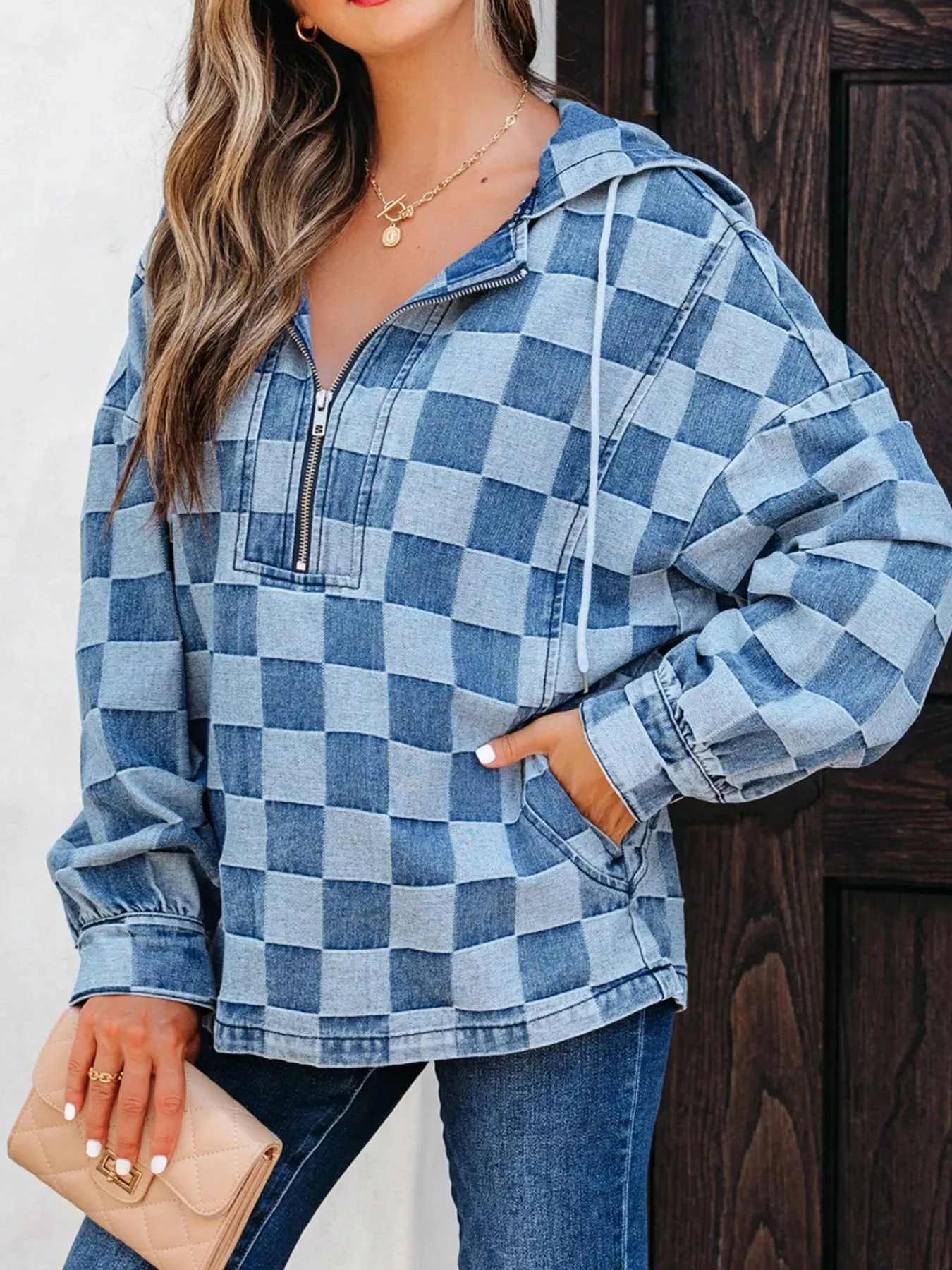 Checkered Half Zip Denim Hoodie Top sold by Unique Kulture product image thumbnail 2