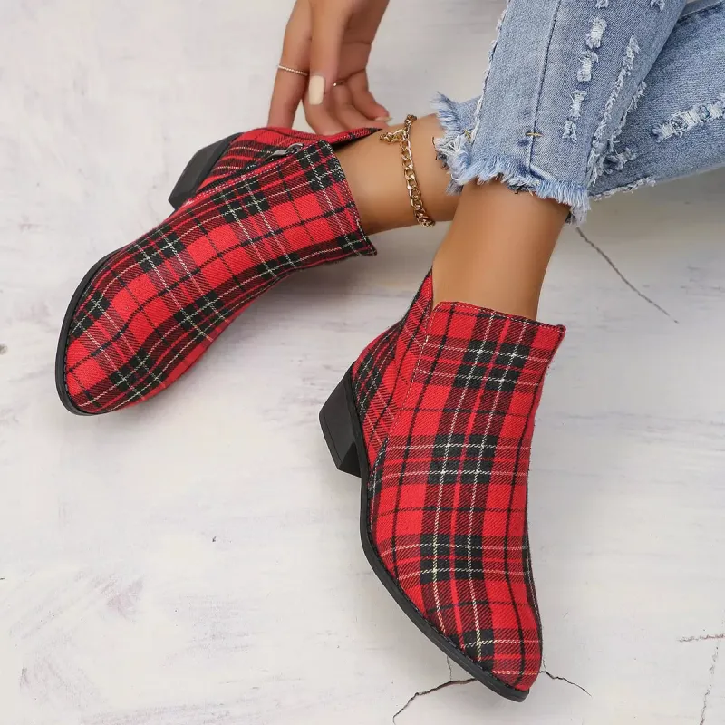 Plaid Point Toe Ankle Boots made by Trendsi