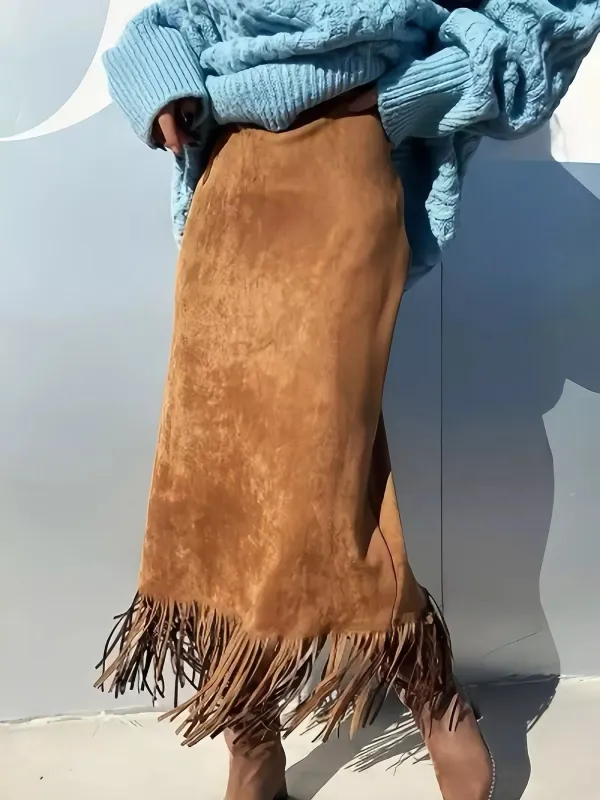 Suede Fringe Midi Skirt sold by Unique Kulture