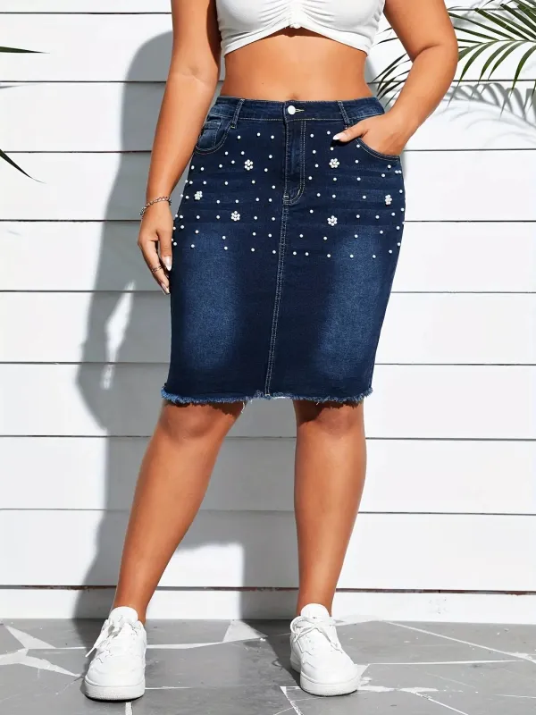 Plus Size Pearl Embellished Frayed Hem Denim Skirt sold by Unique Kulture