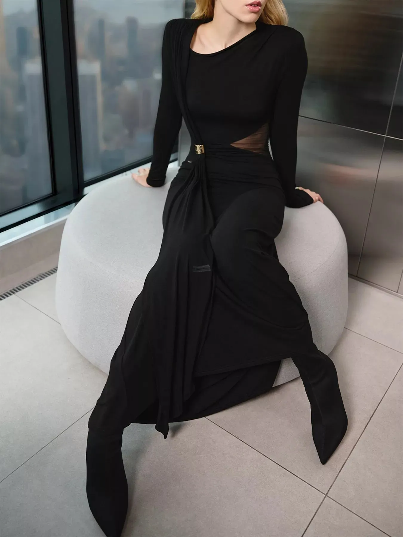 Long Sleeve Maxi Dress with Sheer Panel sold by Unique Kulture product image thumbnail 3