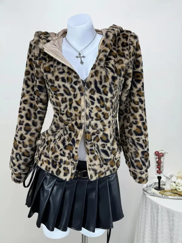 Leopard Plush Zip-Up Hooded Outerwear sold by Unique Kulture