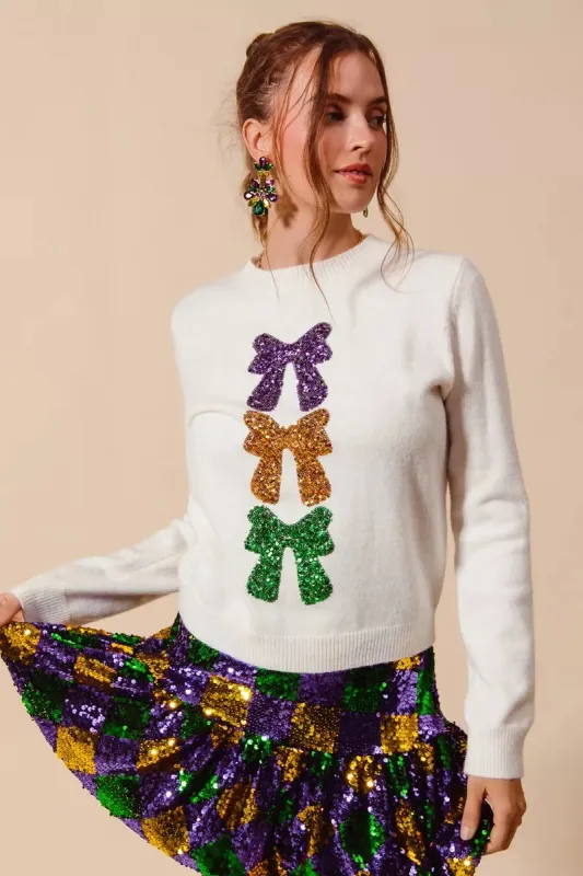 SO ME Mardi Gras Sequins Bow Ribbon Embellished Sweater made by Unique Kulture