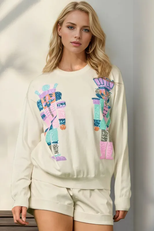 Double Take Full Size Sequin Nutcracker Long Sleeve Sweater sold by Unique Kulture