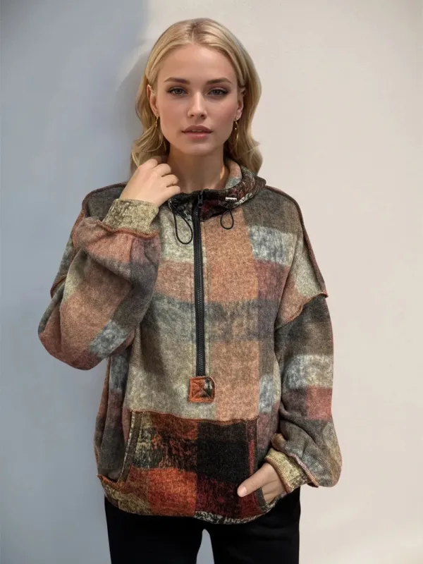 Double Take Full Size Half Zip Exposed Seam Fleece Hoodie sold by Unique Kulture