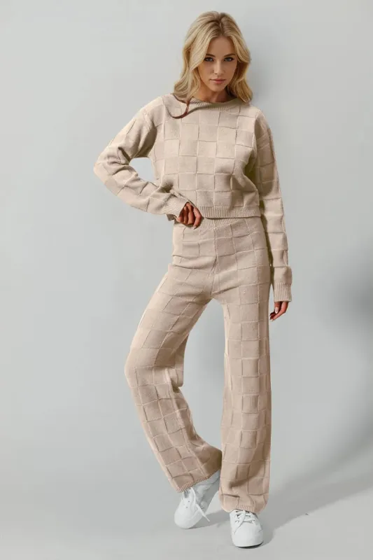 Double Take Full Size Checkered Round Neck Top and Pants Set sold by Unique Kulture