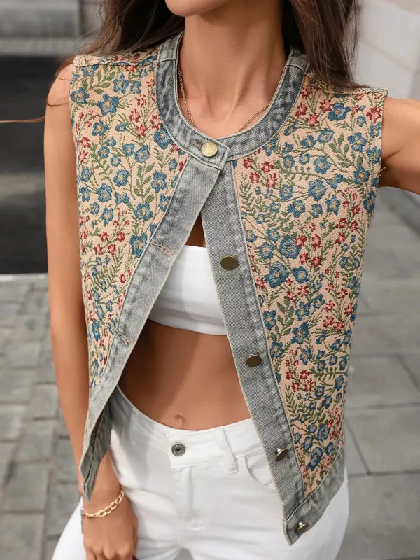 Floral Embroidered Denim Vest Top sold by Unique Kulture