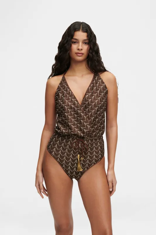 Brown Gold Knit V-Swimsuit sold by HANNE BLOCH