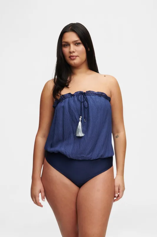 Ocean Blue Bandeau Silk Swimsuit sold by HANNE BLOCH