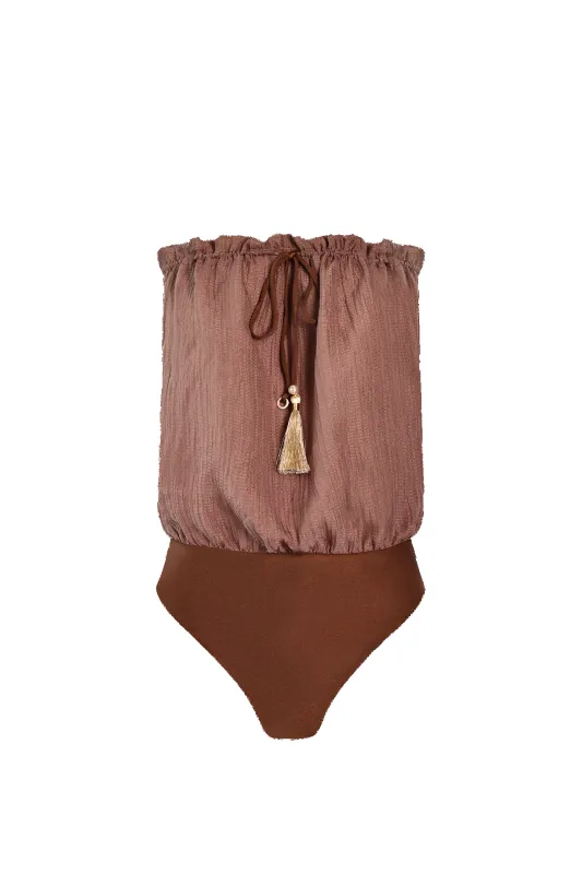 Brown Bandeau Silk Swimsuit sold by HANNE BLOCH
