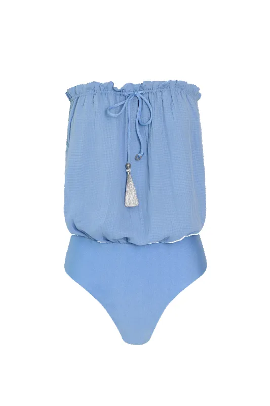 SkyBlue Bandeau Silk Swimsuit sold by HANNE BLOCH