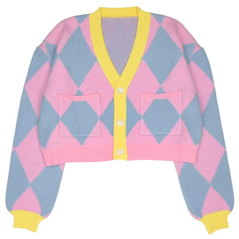 Cropped Blue and Pink Argyle Cardigan sold by Steady Hands