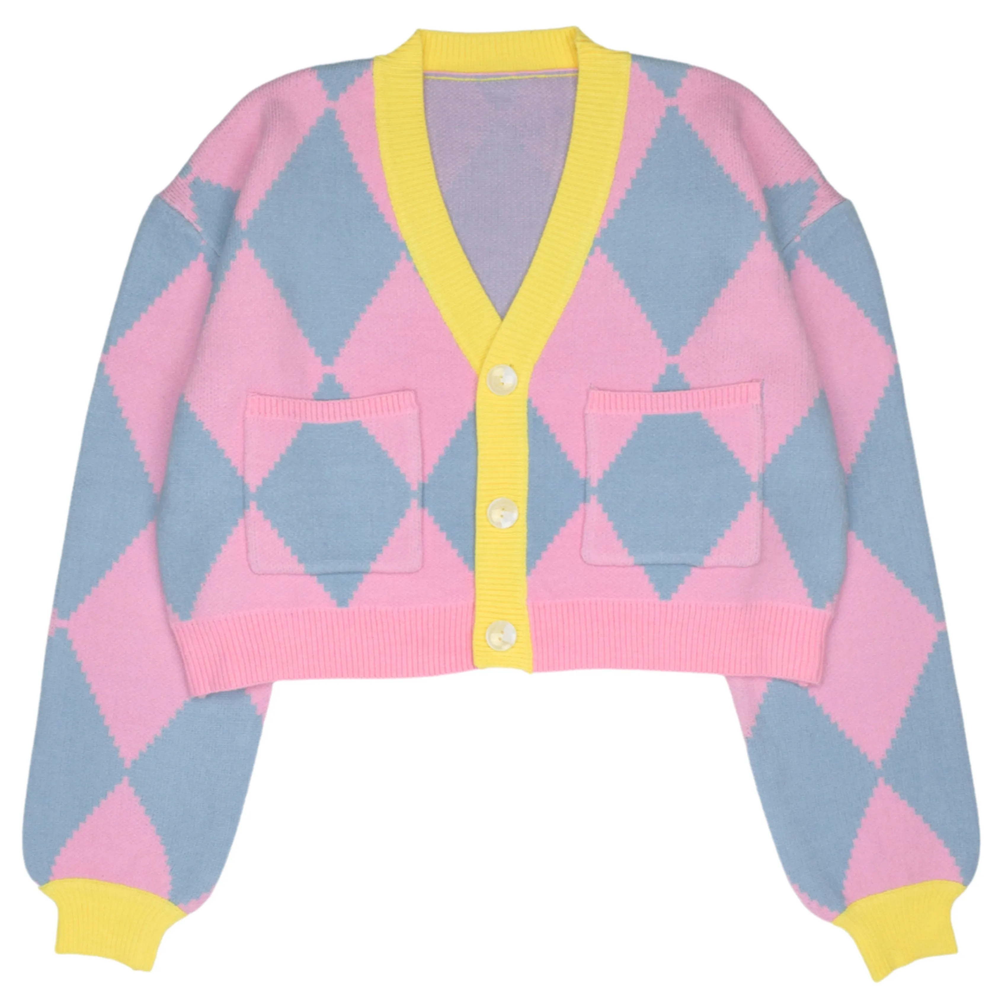 Cropped Blue and Pink Argyle Cardigan sold by Steady Hands