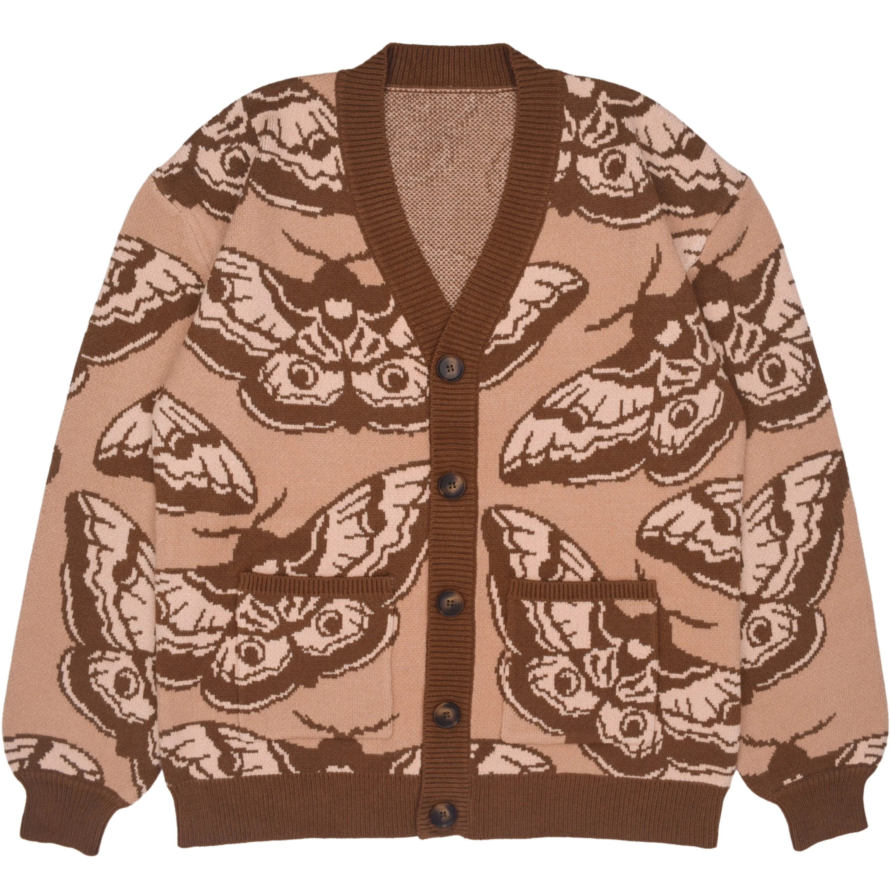 Giant Peacock Moth Cardigan sold by Steady Hands