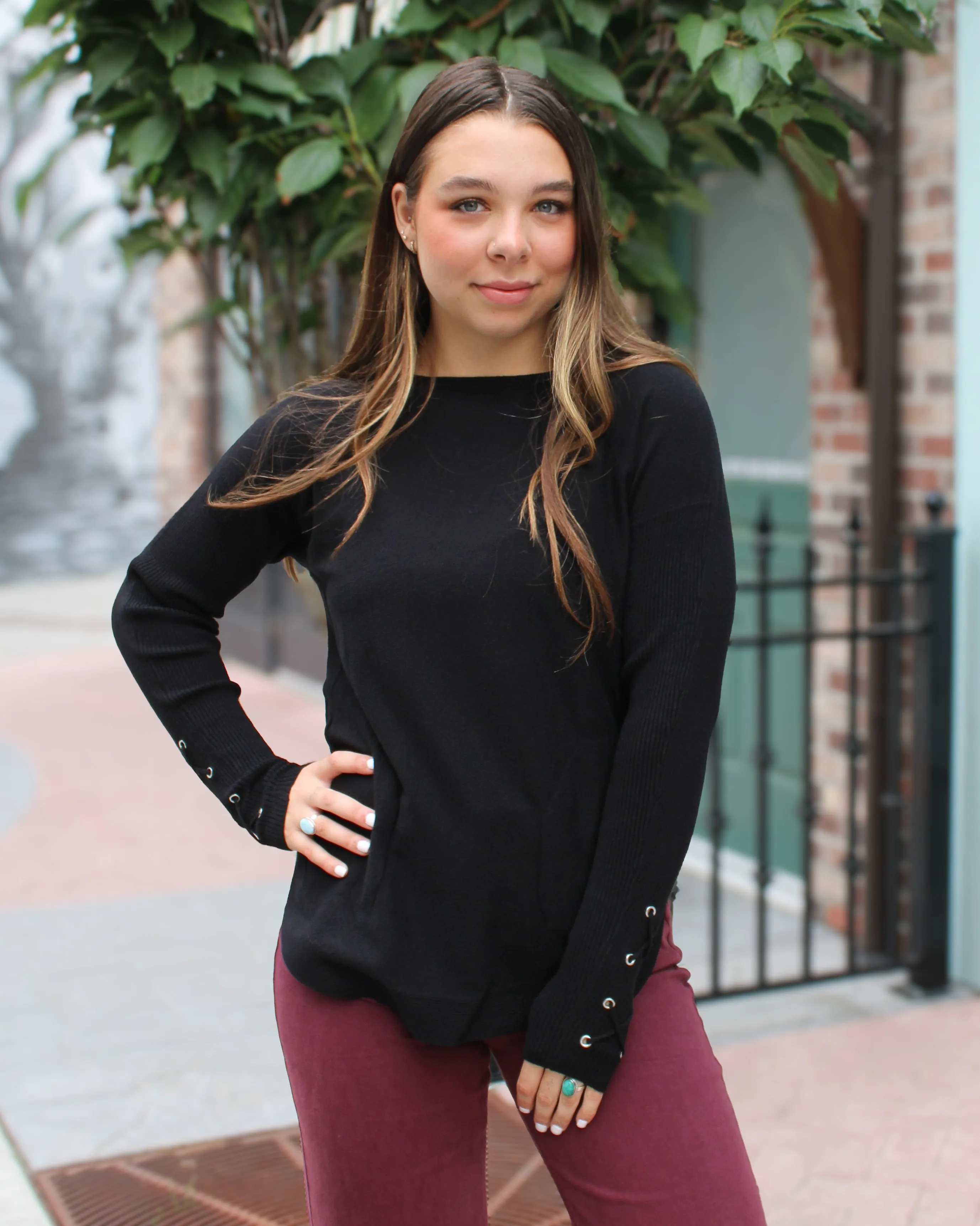 Lace Up Sleeve Sweater with Pockets sold by Magnolia & Oak
