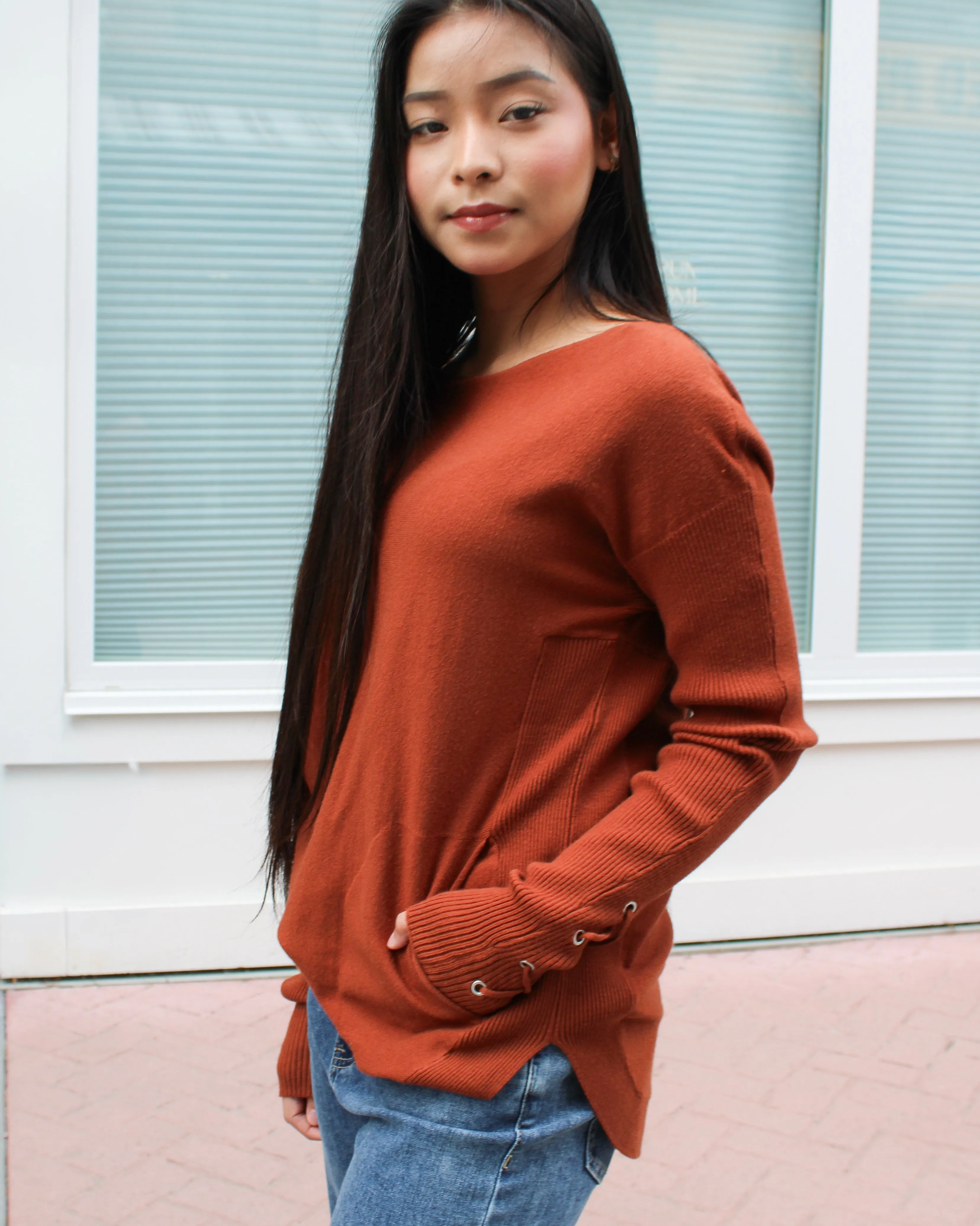 Lace Up Sleeve Sweater with Pockets sold by Magnolia & Oak product image thumbnail 5