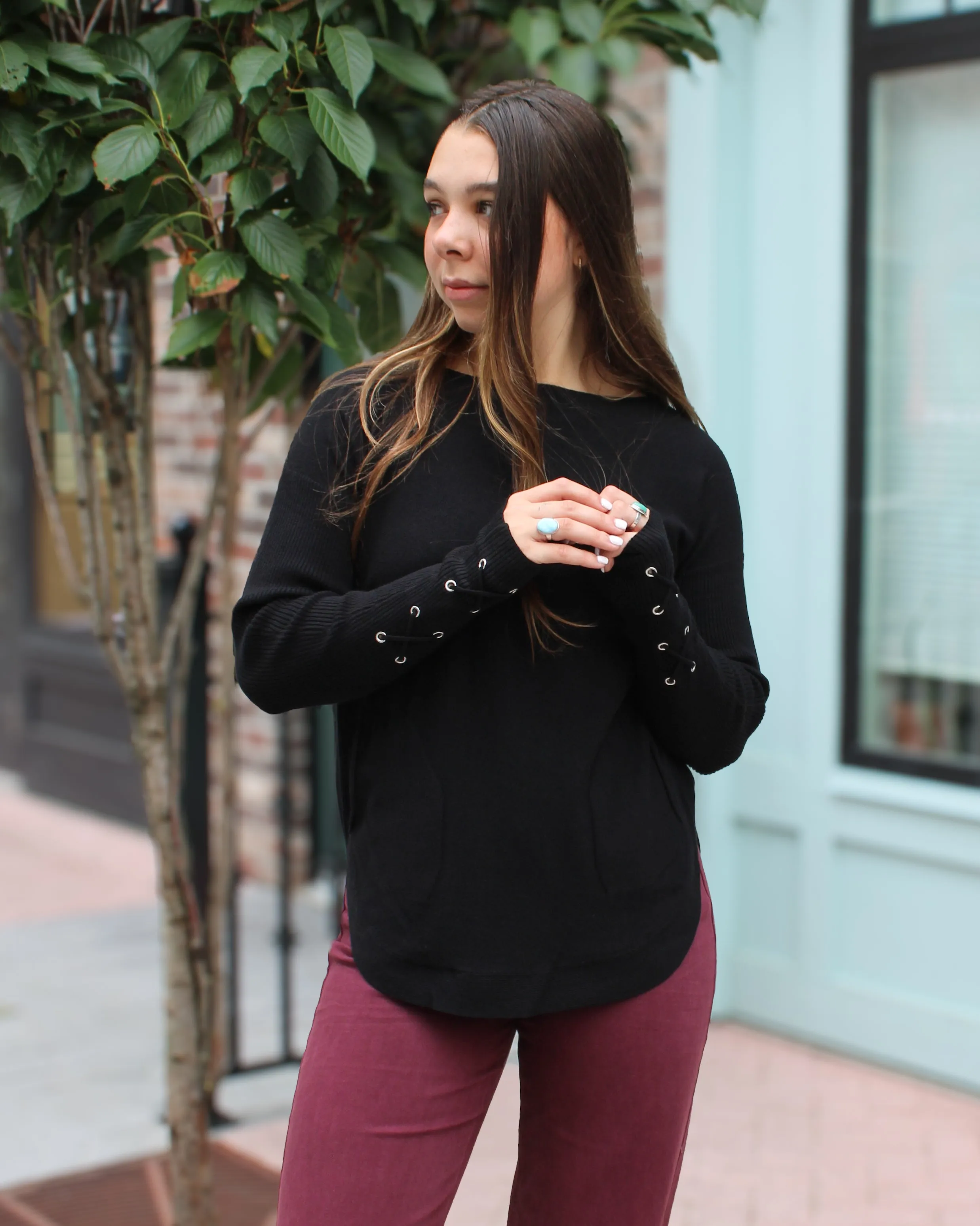 Lace Up Sleeve Sweater with Pockets sold by Magnolia & Oak product image thumbnail 4