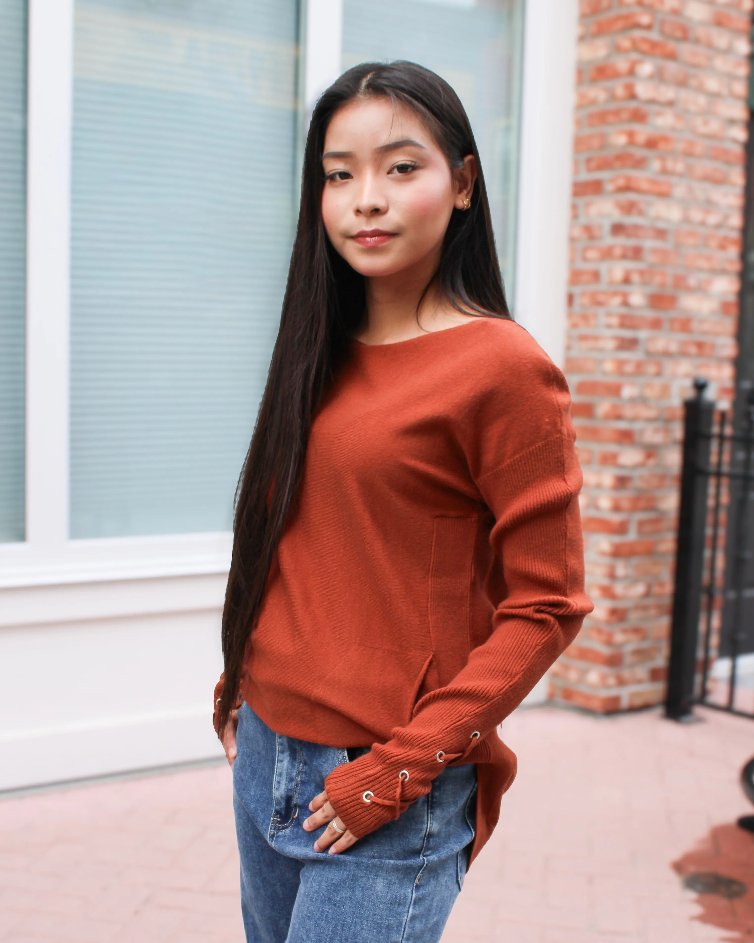 Lace Up Sleeve Sweater with Pockets sold by Magnolia & Oak product image thumbnail 2