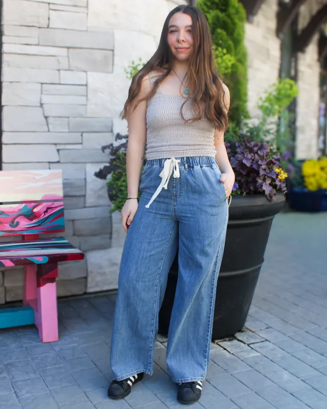 Denim Wide Leg Drawstring Pants made by Zenana