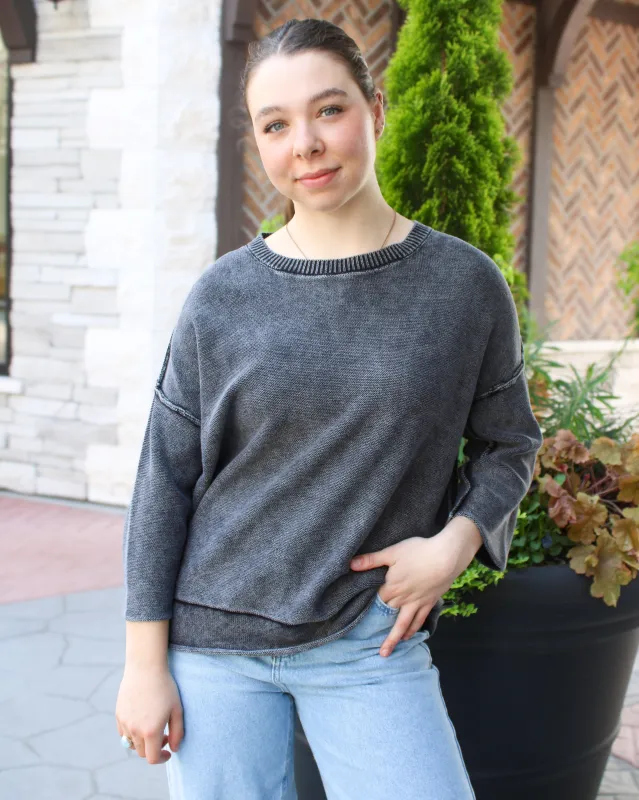 Washed 3/4 Sleeve Light Boxy Sweater made by Zenana