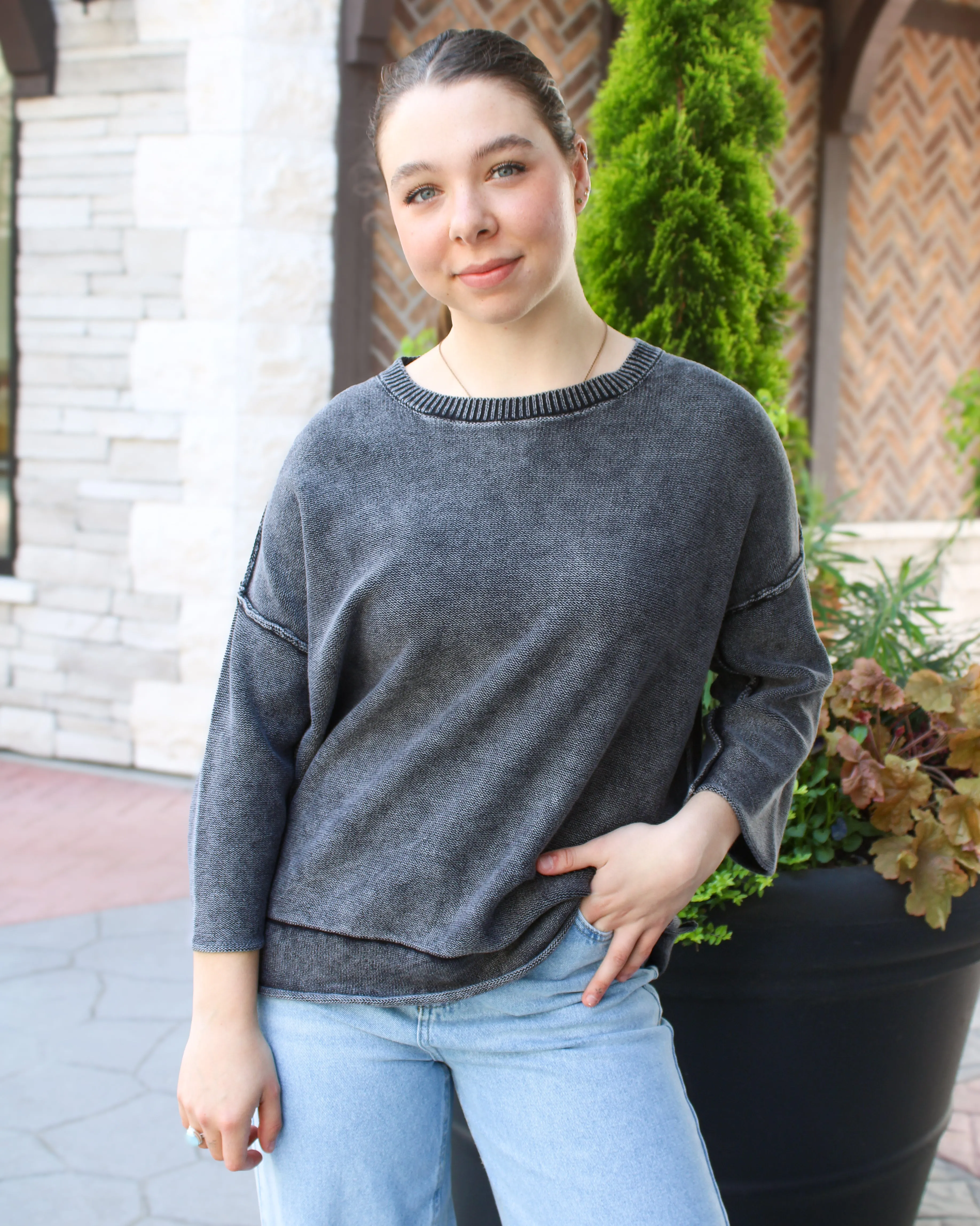 Washed 3/4 Sleeve Light Boxy Sweater sold by Magnolia & Oak
