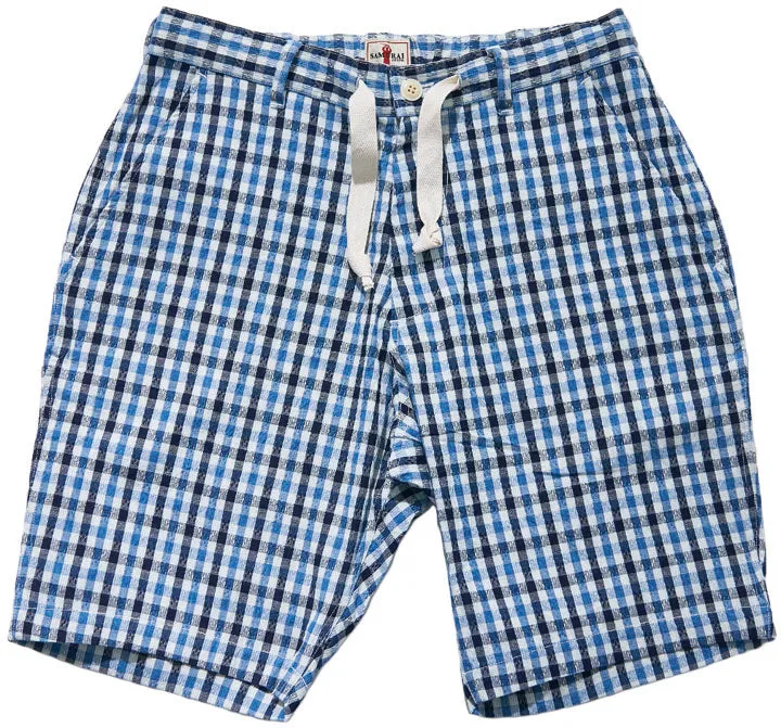 SJSP25-CS 藍刺し子ギンガムチェックイージーショーツ sold by Samurai Jeans