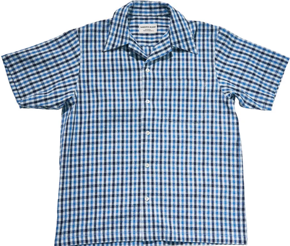 SOS25-CS NATURAL INDIGO SASHIKO GINGHAM CHECK OPEN COLLAR SHIRT sold by Samurai Jeans