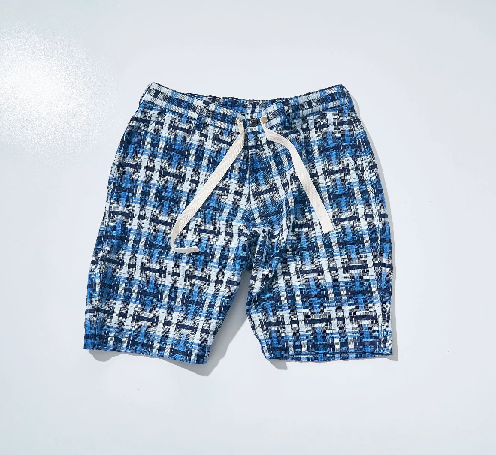 SJSP24-AK INDIGO BROKEN LATTICE EASY SHORTS sold by Samurai Jeans