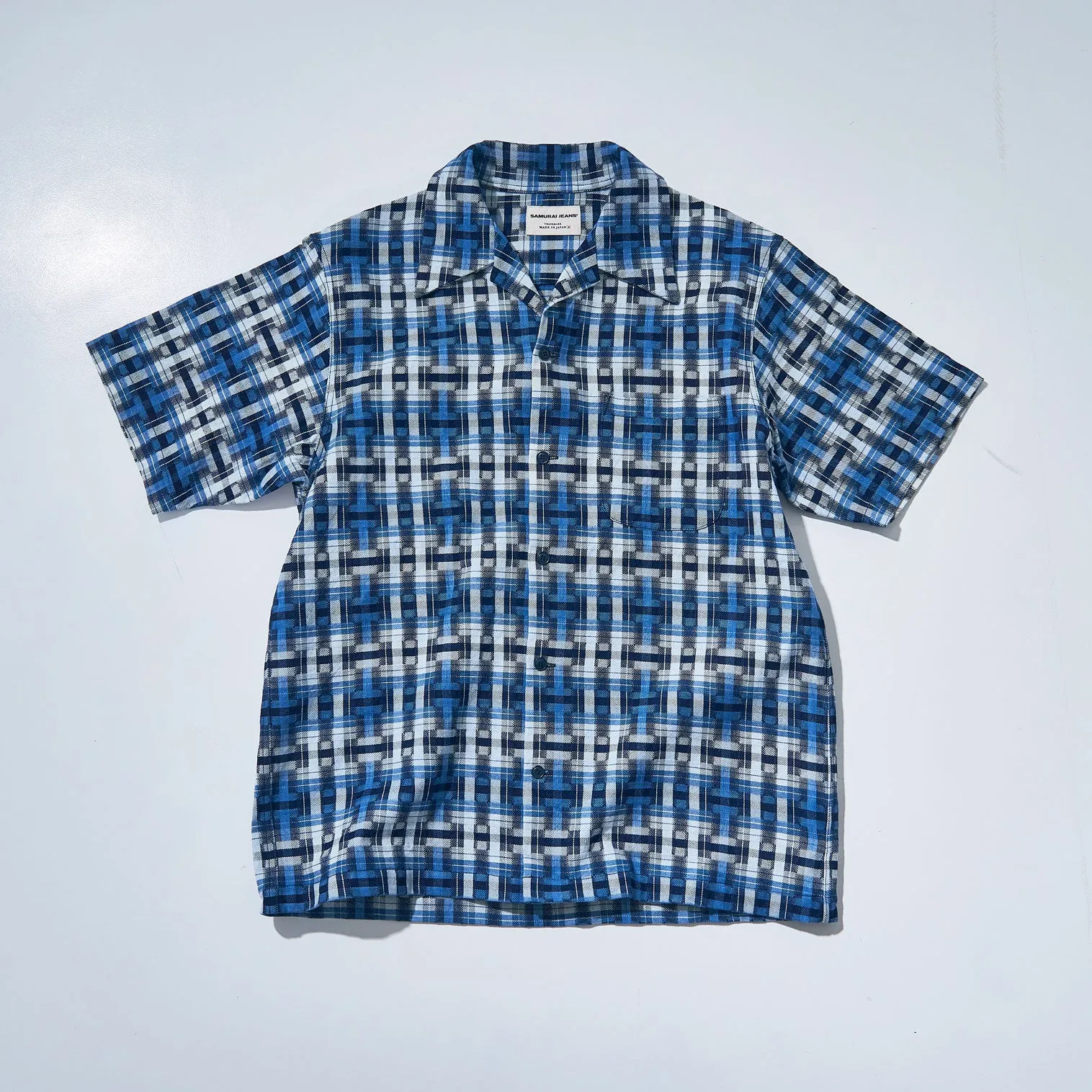 SOS24-S01 INDIGO BROKEN LATTICE SHORT SLEEVE OPEN COLLAR SHIRT sold by Samurai Jeans