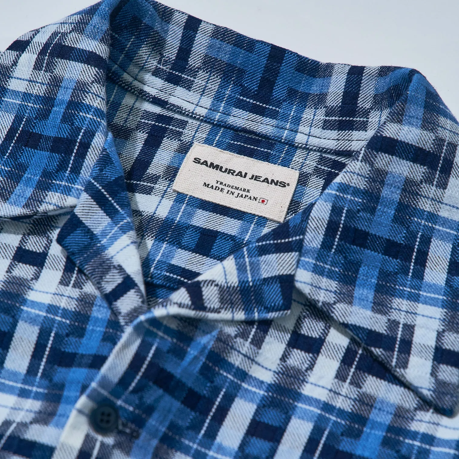 SOS24-S01 INDIGO BROKEN LATTICE SHORT SLEEVE OPEN COLLAR SHIRT sold by Samurai Jeans product image thumbnail 2