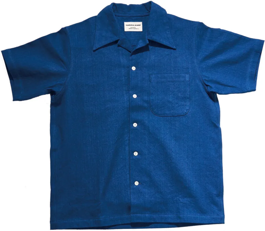 SOS25-AHB 藍浅葱へリンボンオープンカラーシャツ made by Samurai Jeans