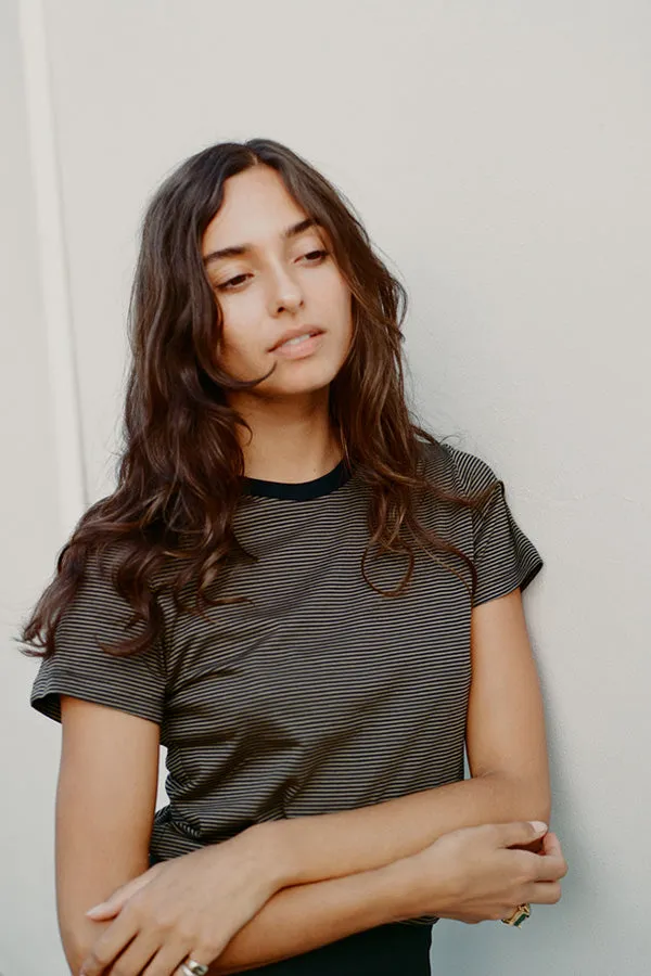 Pete Stripe Olive Japanese Cotton T sold by Caves Collect