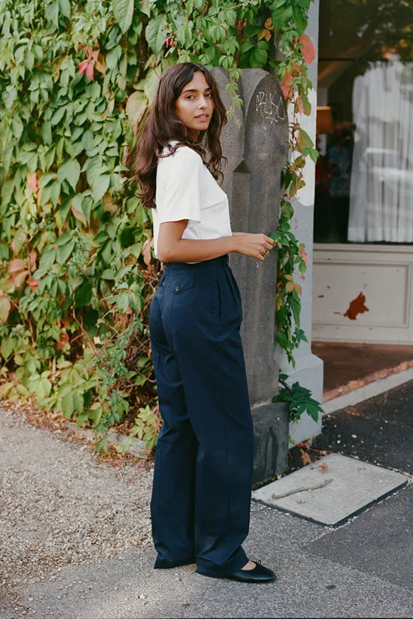 Yu Navy Organic Cotton Poplin Pants sold by Caves Collect