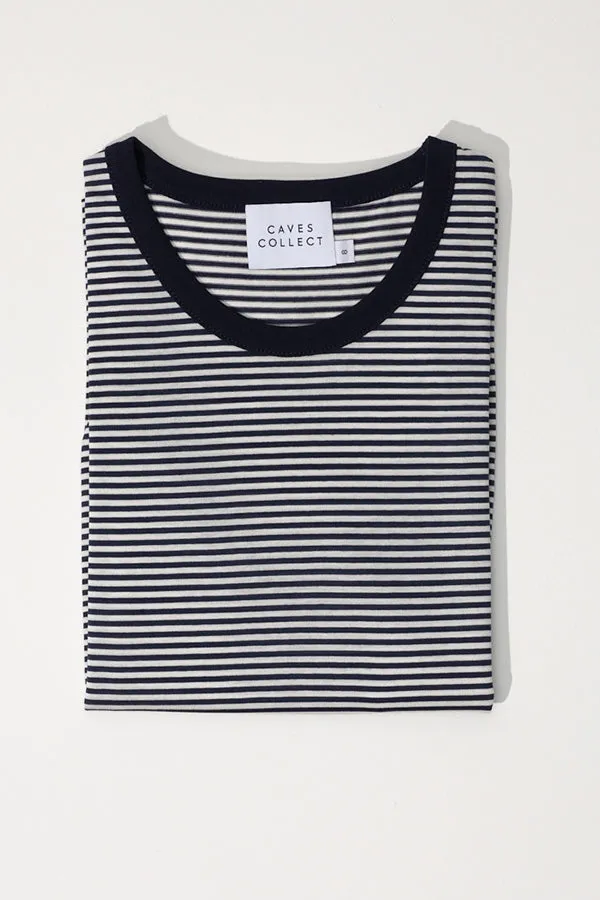 Recently Back in Stock - Pete Navy Stripe Japanese Cotton T sold by Caves Collect product image thumbnail 4
