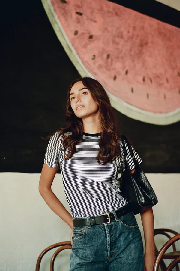 Recently Back in Stock - Pete Navy Stripe Japanese Cotton T sold by Caves Collect product image thumbnail 5