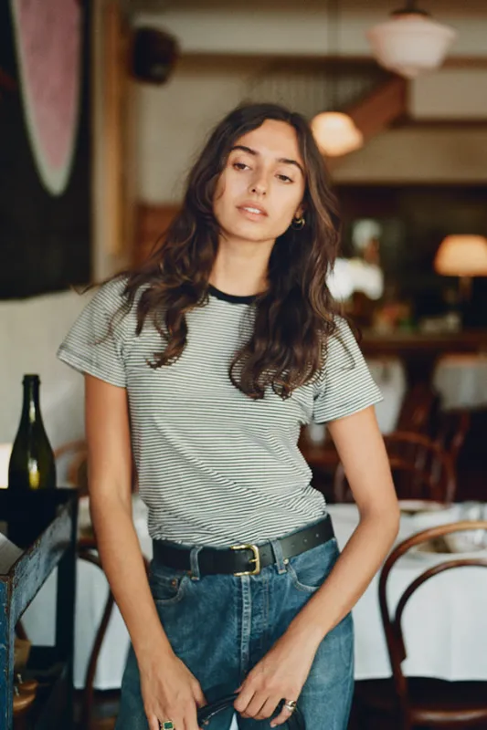 Recently Back in Stock - Pete Navy Stripe Japanese Cotton T sold by Caves Collect