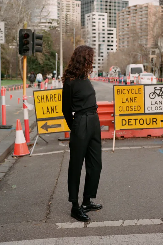 Luc Black Japanese Wool Twill Ciggie Pants sold by Caves Collect