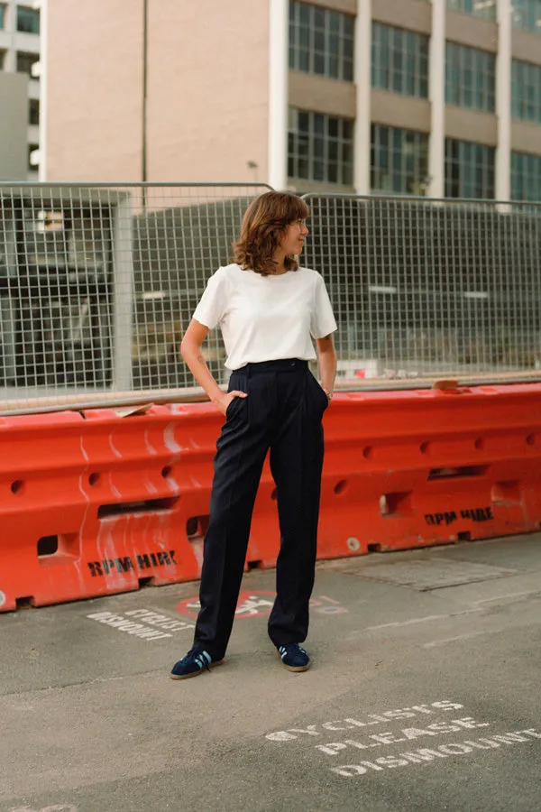 Recently Back in Stock - Kate Navy Japanese Twill Wool Pants sold by Caves Collect