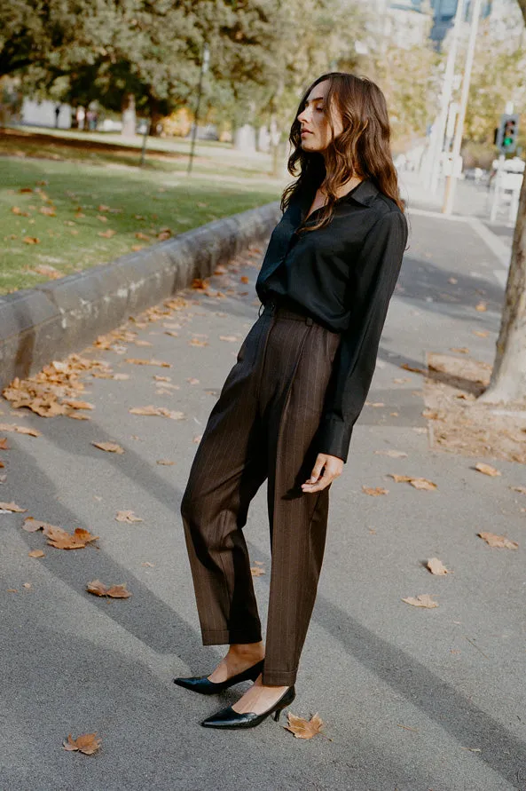 Limited Edition - Luc Italian Chocolate Pinstripe Wool Ciggie Pants sold by Caves Collect product image thumbnail 2