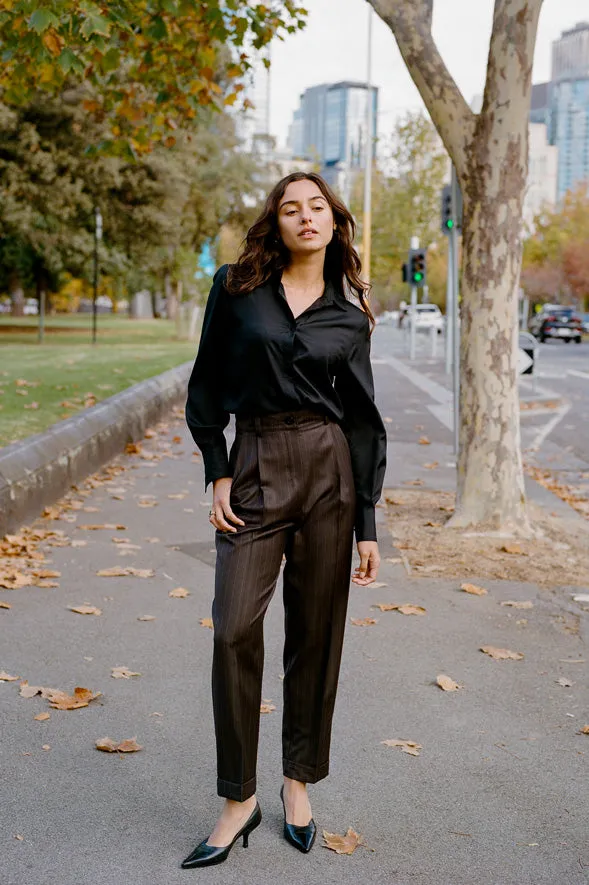 Limited Edition - Luc Italian Chocolate Pinstripe Wool Ciggie Pants sold by Caves Collect product image thumbnail 3