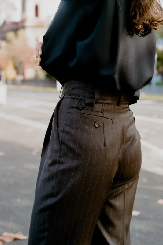 Limited Edition - Luc Italian Chocolate Pinstripe Wool Ciggie Pants sold by Caves Collect