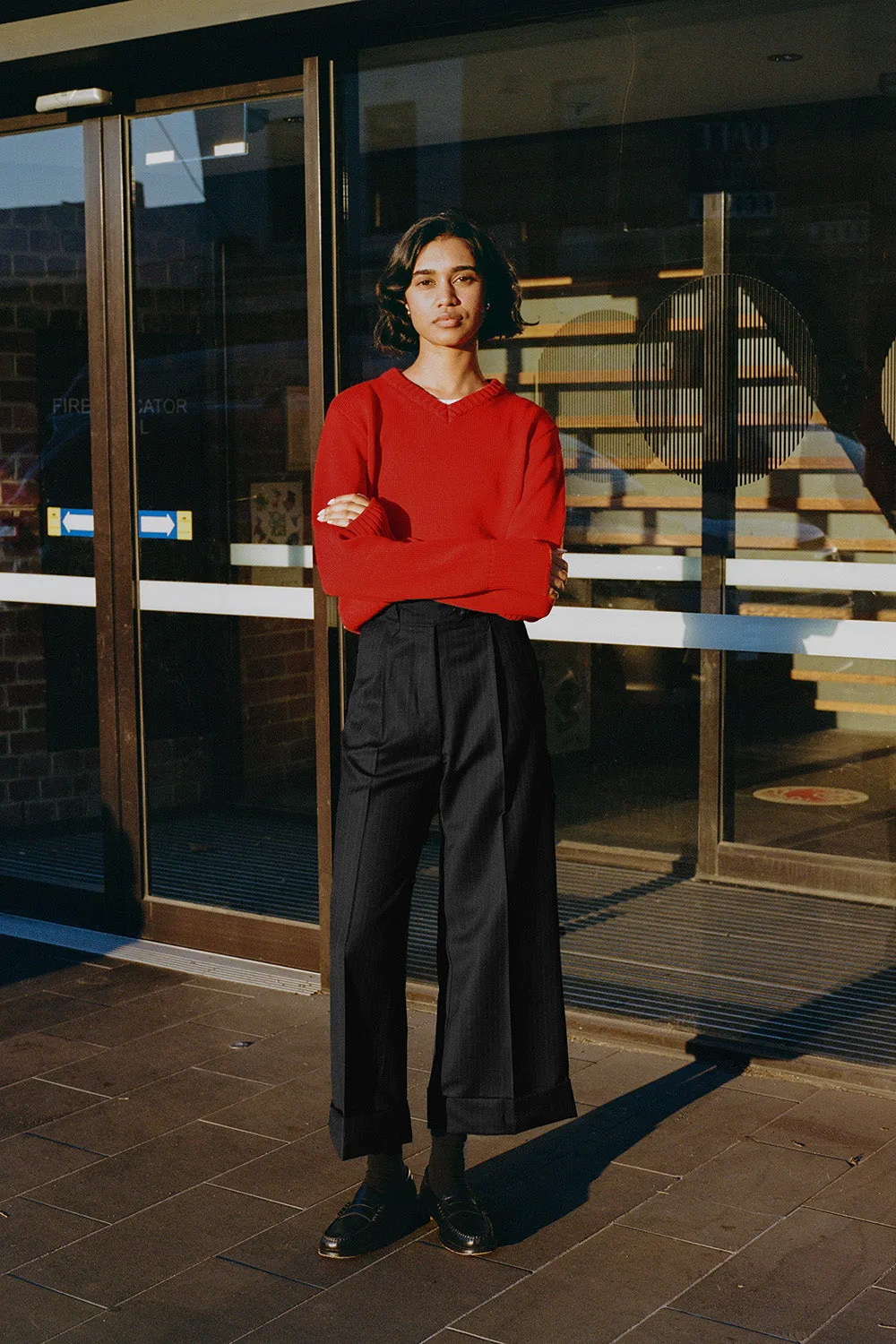 Ines Italian Navy Pinstripe Wool Pants sold by Caves Collect