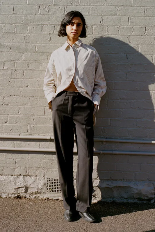 Limited Edition Agnes Italian Charcoal Pinstripe Wool Pants made by Caves Collect